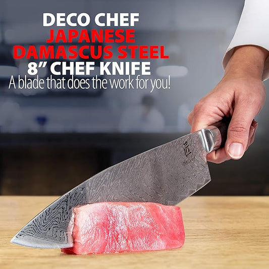 Deco Chef Professional Chef Knife 8-inch Damascus High Carbon Steel - 67 Layers AUS-10 Razor Sharp Japanese Quality with Full Tang Ergonomic Handle, Sharpening Guide Included