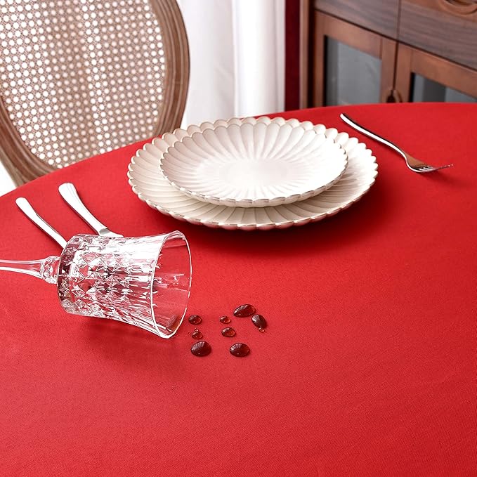 MEANMOY Red 210 GSM Water & Stain Resistant Round Tablecloth for Circle Table - Solid 90 Inch Table Cloth Cover in Wrinkle Free Durable Washable Polyester Fabric for Wedding, Party, Banquet