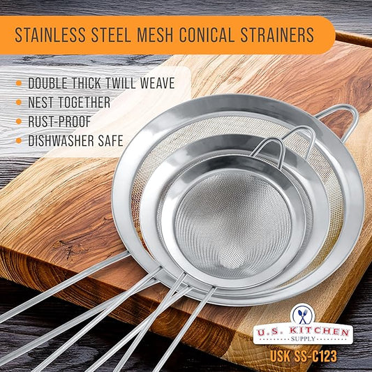 U.S. Kitchen Supply Set of 3 Stainless Steel Conical Strainers - 3", 4" & 5.5" Sizes - Chinois Style, Extra Fine Twill Mesh Sieve, Stainless Steel Strainers and Colanders for Kitchen