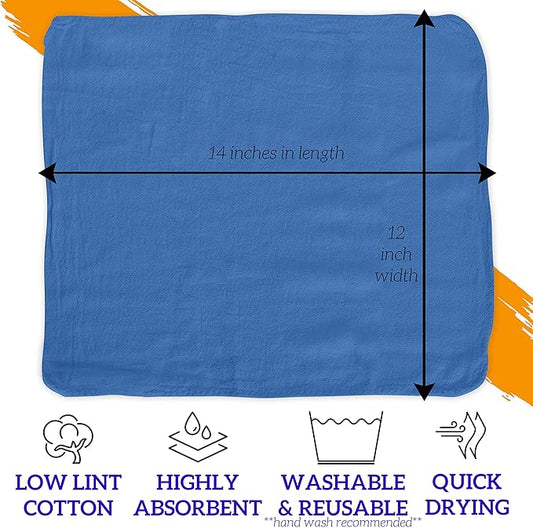 GREEN LIFESTYLE 150 Pack 12x14, Blue Shop Towels 100% Cotton, Super Absorbent and Durable for Car, Reusable Shop Rags