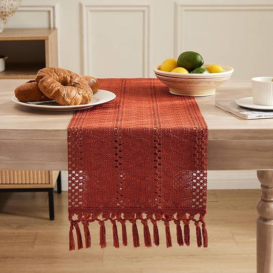 ZeeMart Macrame Style Boho Table Runner, Rust Table Runners 60 Inches Long, Farmhouse Woven Home Decor, 12x60 Inch, Rust