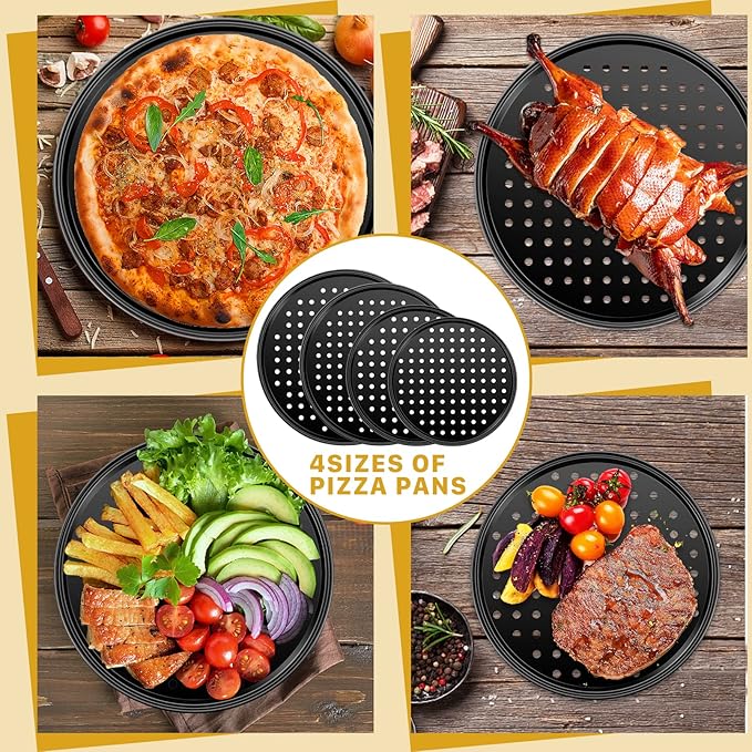 Vruomi 4Pcs Pizza Pan with Holes,Non-Stick Pizza Pan,Perforated Pizza Tray,Round Pizza Pans,Pizza Baking Pan for Home 9 Inch,10 Inch,11 Inch,12 Inch