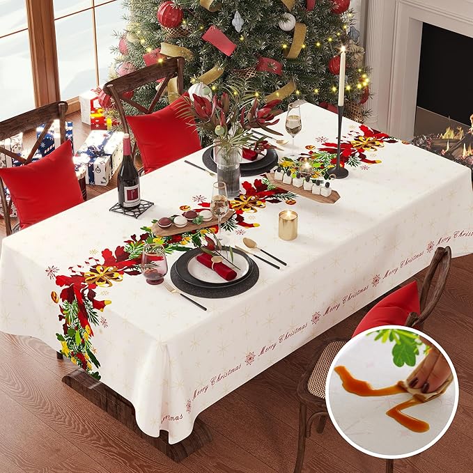Christmas Rectangle Table Cloth,100% Waterproof Tablecloth,Christmas Decorations for Home, Vinyl Tablecloth Plastic Table Cover for Party,Picnic,Dining,Outdoor 54" x 120",Frosted Wreath