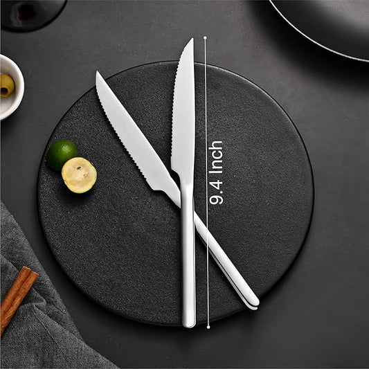 KINGSTONE Sharp Steak Knives, German Stainless Steel Steak Knife Set of 4 with Full-Serrated Blade, 9.4-Inch Sleek Design Table Knives, Mirror Polished