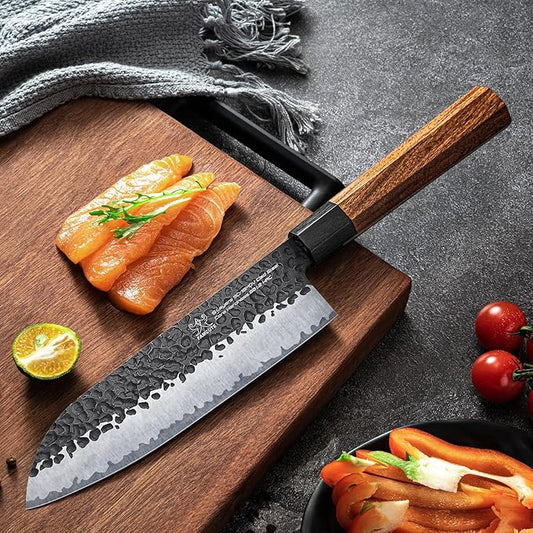 Santoku Knife 7 inch, Hand Forged 5 Layers 9CR18MOV High Carbon Steel Professional Kitchen Knife, Ultra Sharp Rosewood Handle Japanese Sushi Knife As a Thoughtful Christmas Gift for Dad/Mom