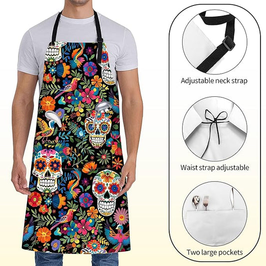 Gothic Apron for Women with Sugar Skull and Floral,28x33in,Goth Kitchen Aprons with 2 Pockets, Oxford Fabric,Halloween Adjustable Apron for Cooking Baking Gardening Chef,Gifts for Mom Wife