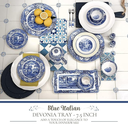 Spode Blue Italian Devonia Tray - 7.5 Inch Porcelain Decorative Serving Tray - Shallow Serving Bowl for Salad, Pasta, Fruit, Appetizers, Snacks - Elegant Gift Tableware for Hostess