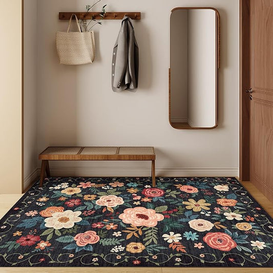 DUKINO 4x6 Feet Office Chair Mat, Lightweight Non Slip Washable Floral Area Rug, Indoor Low Pile & Non-Shedding Boho Design Rugs for Bedroom, Living Room, Dining Room, Black