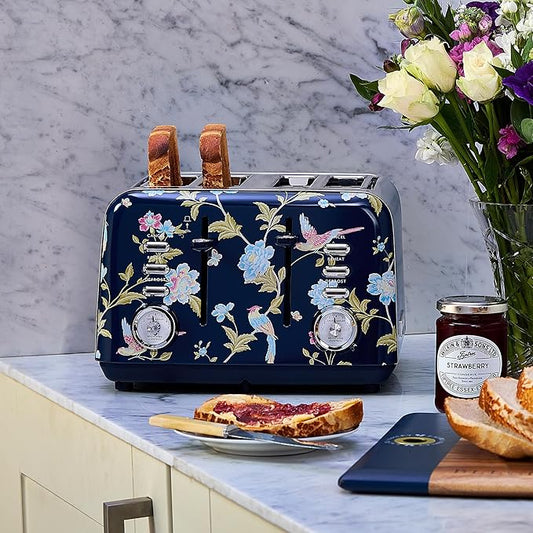 VQ Laura Ashley Elveden Navy Stainless Steel 4 Slice Toaster | Multi-Functional Bagels & Bread Toaster 4 Slice with Adjustable Heating & Defrost Mode | Featuring 4 Wide Slots, Croissant Warming Rack