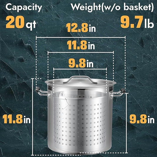 NSF 20 Quart Large Stock Pot with Lid and Basket, 18/8 Stainless Steel, 3-Ply Clad Base, Commercial Cookware for Soup, Stew & Sauce, Dishwasher Safe, 11.8"D x 12.8"W x 11.8"H, Induction Ready
