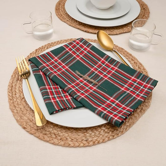 Blue Needles Gingham Buffalo Plaid Cloth Napkins 100% Cotton Set of 12 Dinner Table Christmas Napkins 18x18 inch Soft Reusable Washable Perfect for Event Parties & Everyday Use - Christmas Multi Green