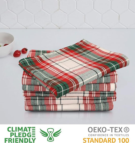 Urban Villa Christmas Kitchen Towels 100% Cotton Dish Towels for Kitchen (Set of 6) 20”x30” Dish Cloths Absorbent Kitchen Linen Set with Hanging Loop Perfect for Drying Dishes Cleaning – Christ Check