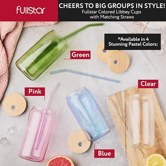 fullstar Glass Tumblers with Lids and Straws – Reusable Iced Coffee Cups with Bamboo Lids (Multicolor, 8 Pack)