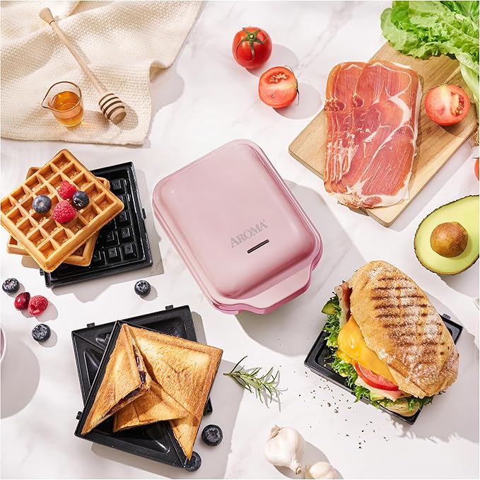 AROMA® 3-in-1 Panini Press, Sandwich Grill, and Waffle Maker with Removable Ceramic Coated Plates