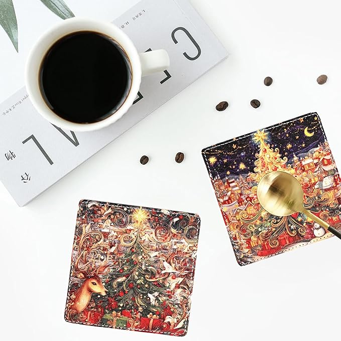 Christmas Coasters Square Leather Drinks Coaster Set with Holder for Coffee Table Bar Home Decor 4 Inches Set of 6