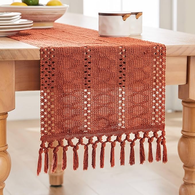 ZeeMart Macrame Style Boho Table Runner, Rust Table Runners 72 Inches Long, Farmhouse Woven Home Decor, 12x72 Inch, Rust