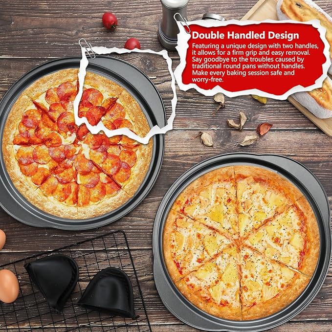 Gymdin Pizza Pan for Oven - 13" Round Pizza Pans with Holes(2 Pack), Non-stick Carbon Steel Pizza Trays with Handle, Easy to Clean & Oven Safe