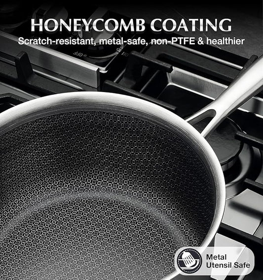 KOCH SYSTEME CS Hybrid Nonstick Stainless Steel Saucepan, 2 Quart Tri-Ply Stainless Steel Sauce Pan with Nonstick Honeycomb Interior, Hybrid Sauce Pan with Lid, Small Steel Pot, Induction Compatible