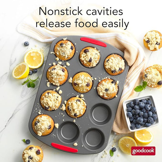 GoodCook MegaGrip 12-Cup Muffin Pan with Silicone Grip Handles Perfect for Cupcakes Durable Heavy-Gauge Steel Construction Scratch-Resistant Nonstick Coating, 15.5x10.5-Inch, Gray
