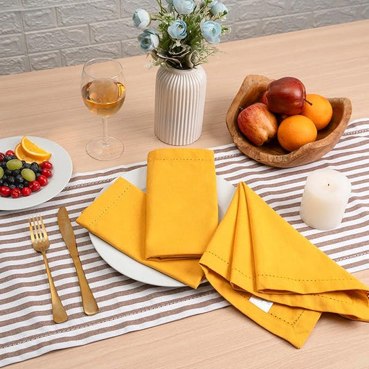 Blue Needles Set of 6 Hemstitch Linen Napkins 100% Cotton Golden Yellow Cloth Dinner Napkins 18x18 inches, Soft, Reusable Absorbent Washable, Ideal for Wedding Events, Parties & Everyday Use