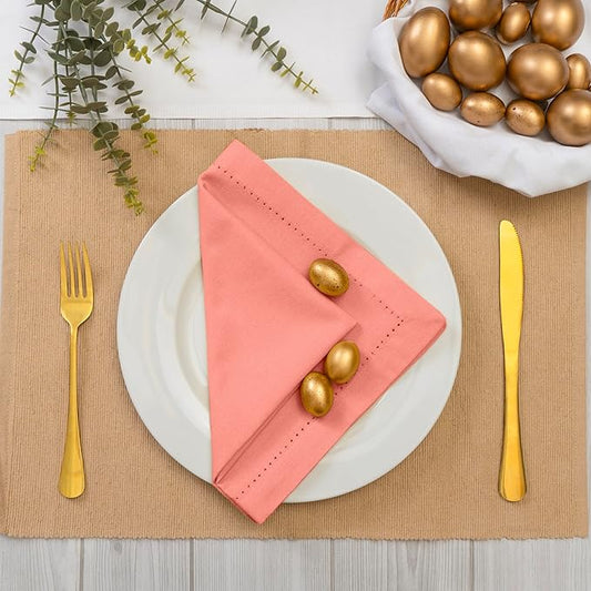 Blue Needles Set of 12 Hemstitch Linen Napkins 100% Cotton Salmon Cloth Dinner Napkins 18x18 inches, Soft, Reusable, Absorbent, Washable, Ideal for Wedding Events, Parties & Everyday Use