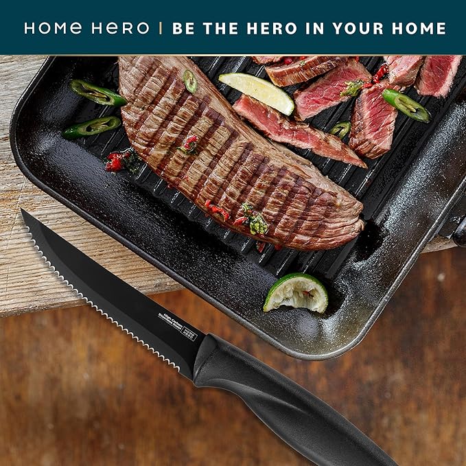 Home Hero Steak Knife Set - Nonstick Serrated Steak Knives - Stainless-Steel Kitchen Knife Set - Ergonomic TPR Handles for Precision Meat Carver - 6-Pc Set, Black