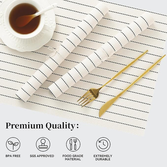 Leetaltree White with Black Stripes Placemats Set of 6 - Heat Resistant Non-Slip Place mats for Dining Table, Washable Durable PVC Vinyl Woven Table Mats(White Stripes, 6)