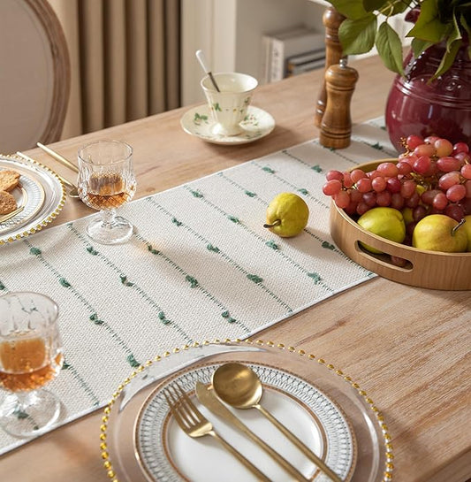 Caflife Boho Table Runner 90 Inchs Long for Modern Farmhouse Room Home Decor, Green and Beige Coffee Table Runner, Natural Cotton Woven with Tassels Neutral, for Kitchen Dining Table Decor