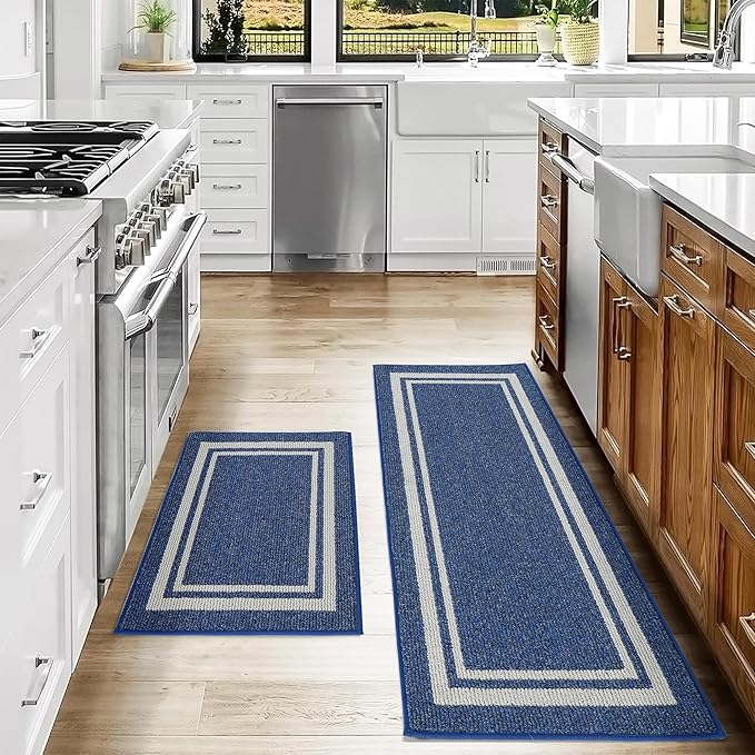 COSY HOMEER Kitchen Rugs Non-Slip 20x30/20x48 Inch Thick Polypropylene Standing Mat for Home Machine Washable, Bule Frame