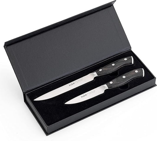 JoyJolt 2pc Kitchen Knife Set. 5.5” Utility Knife and 3.5” Paring Knife. High Carbon, x50 German Steel Tomato Knife, Magnetic Gift Boxed.