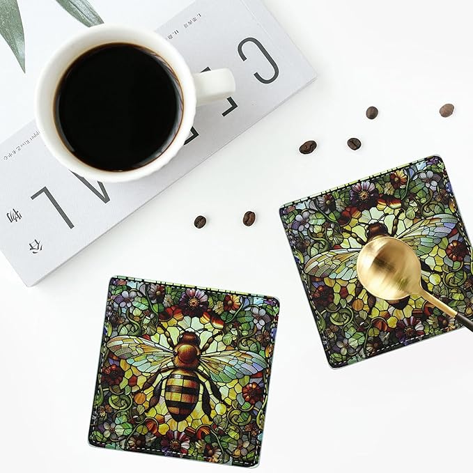 Marble Coasters Square Leather Drinks Coaster Set with Holder for Coffee Table Bar Home Decor 4 Inches Set of 6 (Bee, One Size)
