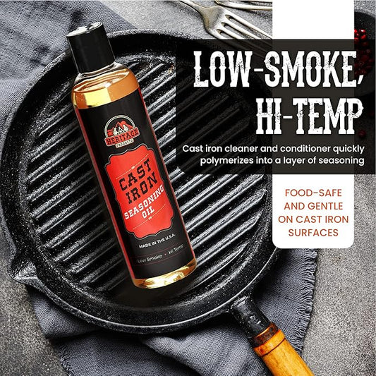 Heritage Products Cast Iron Seasoning Oil - Low-Smoke, Hi Temp All-Natural Skillet Conditioner for Dutch Oven, Griddle, Camp Grill – Cleans, Protects Cast Iron Cookware with Avocado Oil