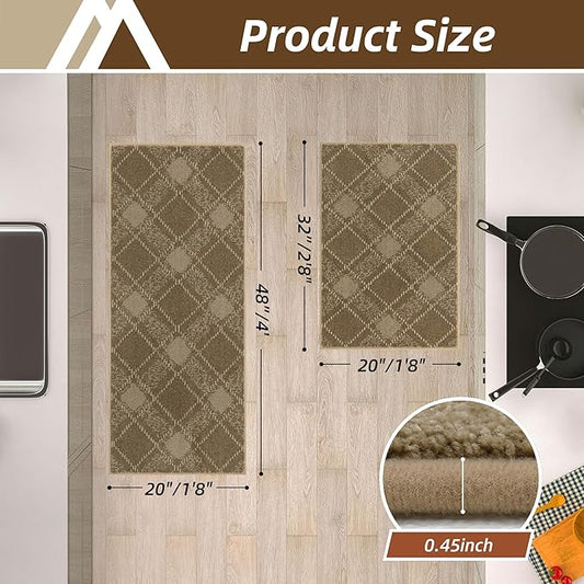 COSY HOMEER Kitchen Rugs and Mats Sets 2PCS Non-Slip Soft Kitchen Mats for Floor Absorbent and Stain Resistant Kitchen Floor Mat Washable Plaid Rugs for Kitchen,20"x32"+20"x48",Taupe