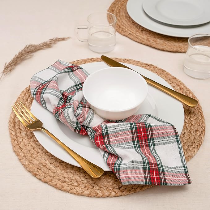 Blue Needles Gingham Buffalo Plaid Cloth Napkins 100% Cotton Set of 12 Dinner Table Christmas Napkins 18x18 inch Soft, Reusable & Washable Perfect for Parties & Everyday Use - Christmas White Red