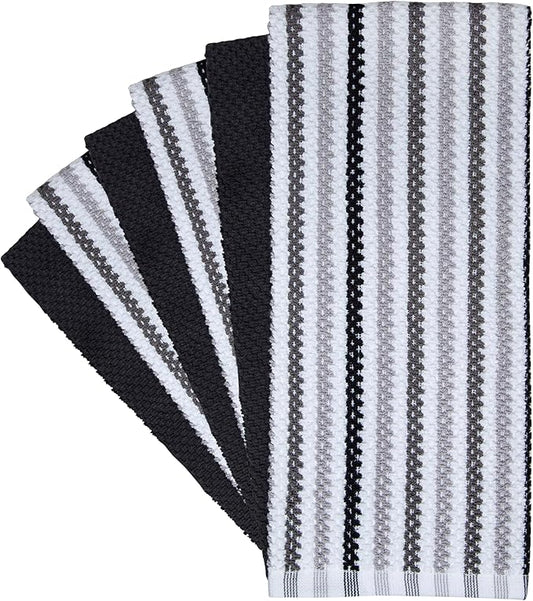Premium Kitchen Towels (16”x 26”, 6 Pack) | Large Cotton Kitchen Hand Towels | Popcorn Striped Design | Dish Towels | 430 GSM Highly Absorbent Tea Towels Set with Hanging Loop | Black
