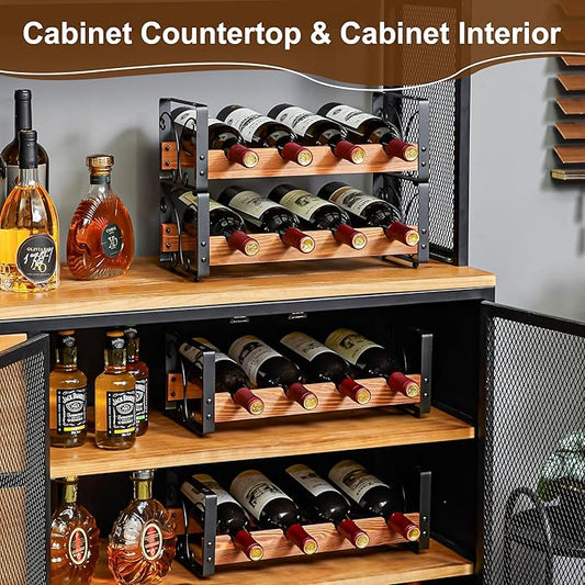 X-cosrack Wine Rack Freestanding Floor with Patent Design, Wooden & Metal Wine Bottle Holder, 4 Tier 16 Bottles Stackable Wine Storage Racks for Kitchen Counter or Bar, Wine Display Shelf