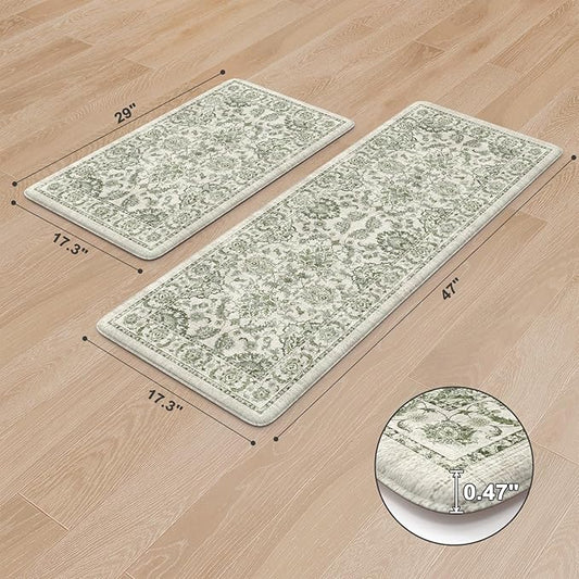 KIMODE Anti Fatigue Kitchen Mat Set, Non Slip Waterproof Kitchen Rug Set of 2, Boho Rugs for Kitchen, Ergonomic Standing Kitchen Sink Mats for Floor, 17"x29.5"+17" x47”, Green