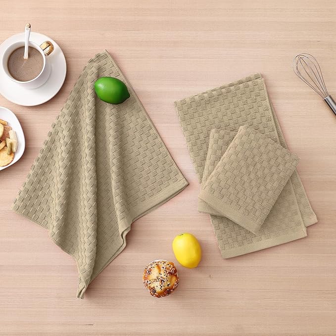 Homaxy 100% Cotton Kitchen Towels and Dishcloths Set, 12 x 12 & 15 x 25 Inches, Set of 10 Bulk Terry Cloth Dish Towels, Super Soft and Absorbent Hand Towel with Hanging Loop, Tan