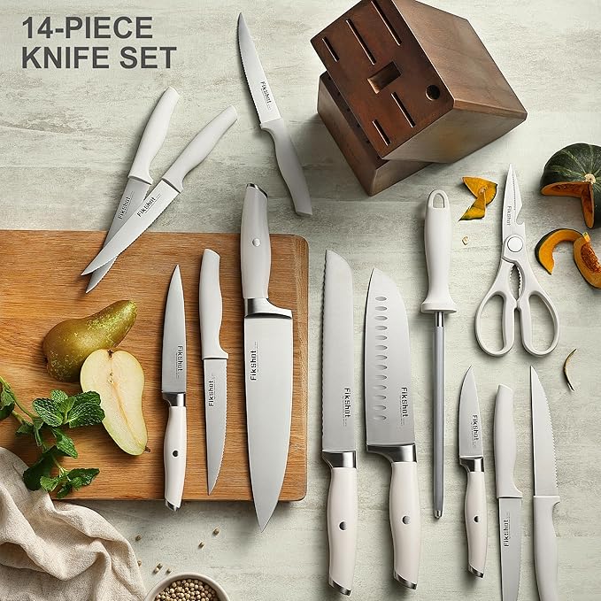 Knife Set with Sharpener, Fikshot 14-Piece Knife Set with Block, Elegant White Kitchen Knives for Ladies, Stainless Steel, Dishwasher Safe (WHITE)