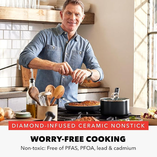GreenPan x Bobby Flay 4.5QT Nonstick Saute Pan with Glass Lid, PFAS-Free Diamond Ceramic, Induction Suitable, Stay-Cool Silicone Handle, Easy Clean Dishwasher & Oven Safe, Black