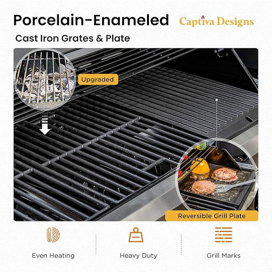 Captiva Designs 6-Burner Propane Gas BBQ Grill with Side Burner & Porcelain-Enameled Cast Iron Grate and Plate for Outdoor Barbucue Events, 52,000 BTU Output,740 SQ.IN. Cooking Area,Heavy Duty