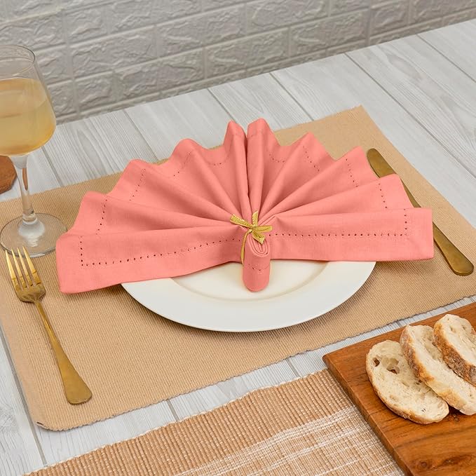 Blue Needles Set of 6 Hemstitch Linen Napkins 100% Cotton Salmon Cloth Dinner Napkins 18x18 inches, Soft, Reusable, Absorbent, Washable, Ideal for Wedding Events, Parties & Everyday Use