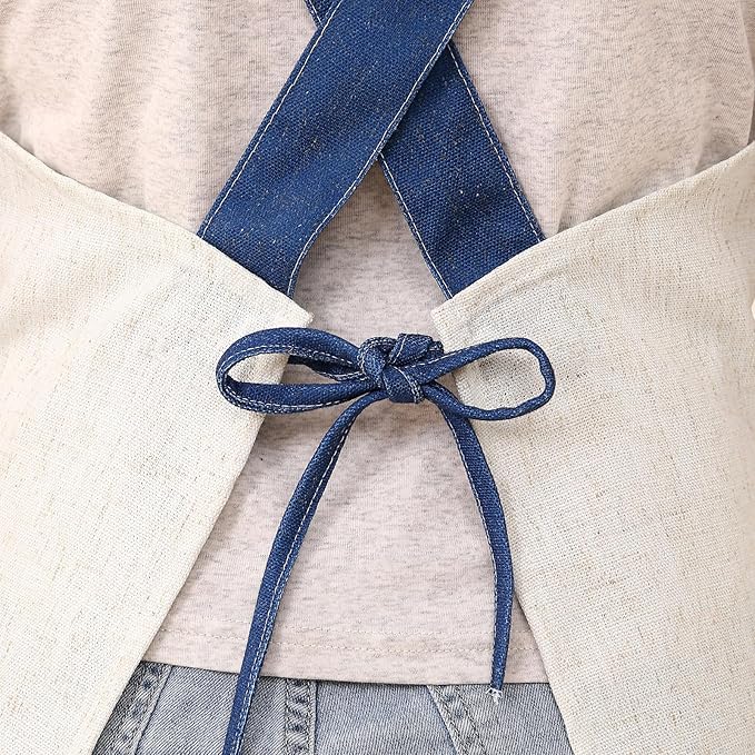 patdrea Blue Floral Linen Apron with Pocket,French Kitchen Garden Chef BBQ Aprons for Women and Men,Crisscross Back Straps
