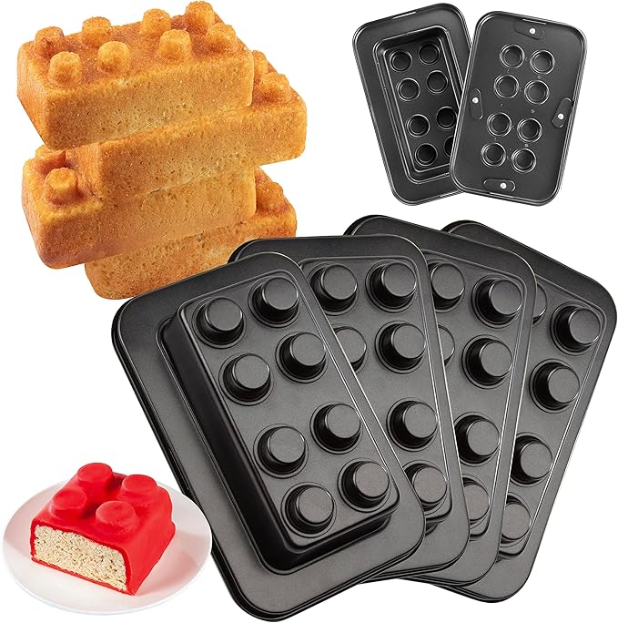 Brick Building Cake Pan Mold, 4 Pack- Build, Decorate Stack 9" 3D Shaped Cakes - Adult Birthday Parties, Special Holiday Occasion or Celebration, Easy Use NonStick Oven Bakeware, Christmas Baking Gift
