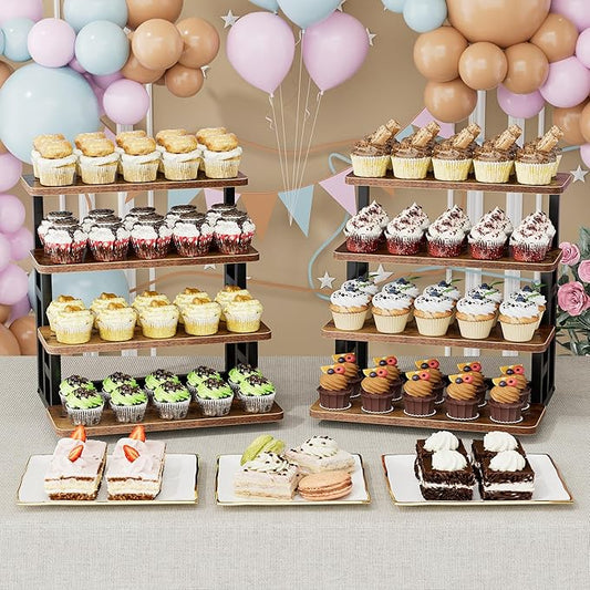 ZUJJAFY Cupcake Stand, Tiered Tray Stand for 50 Cupcakes, 4 Tier Dessert Stands with Metal Frame, Wooden Risers Display Stands for Vendor Events, Party