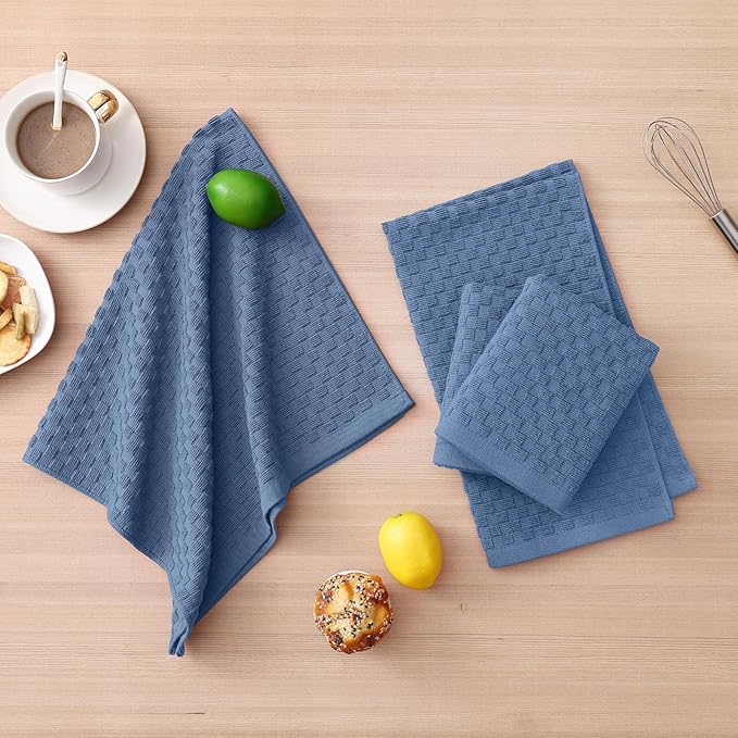 Homaxy 100% Cotton Kitchen Towels and Dishcloths Set, 12 x 12 & 15 x 25 Inches, Set of 8 Bulk Terry Cloth Dish Towels, Super Soft and Absorbent Hand Towel with Hanging Loop, Navy Blue