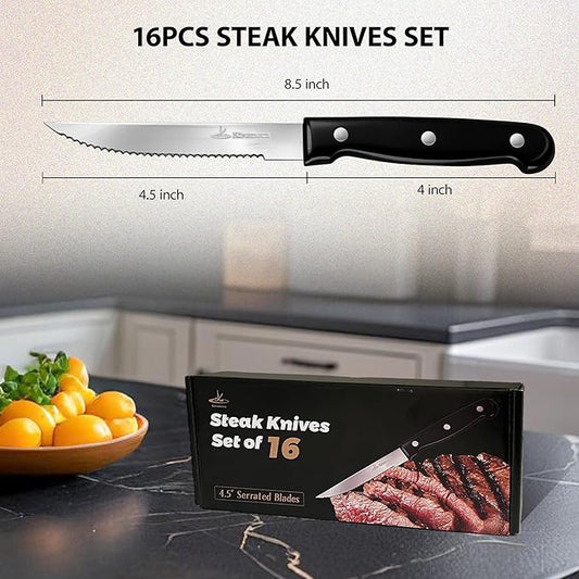 Upgraded Steak Knives Set of 16, Uncoated Stainless Steel Serrated Steak Knife Set, 4.5 Inch Steak Knife with Ergonomic Handle and Sharp Blades, Dishwasher Safe Dinner Knives for Kitchen, Restaurant
