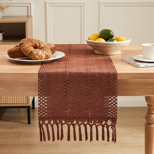 ZeeMart Macrame Style Boho Table Runner, Terracotta Table Runners 72 Inches Long, Farmhouse Woven Home Decor, 12x72 Inch, Terracotta