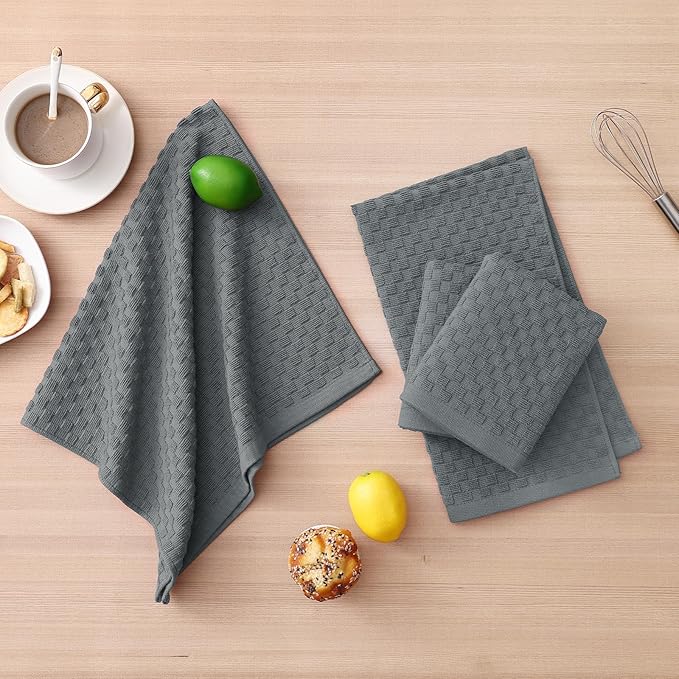Homaxy 100% Cotton Kitchen Towels and Dishcloths Set, 12 x 12 & 15 x 25 Inches, Set of 12 Bulk Terry Cloth Dish Towels, Super Soft and Absorbent Hand Towel with Hanging Loop, Dark Grey