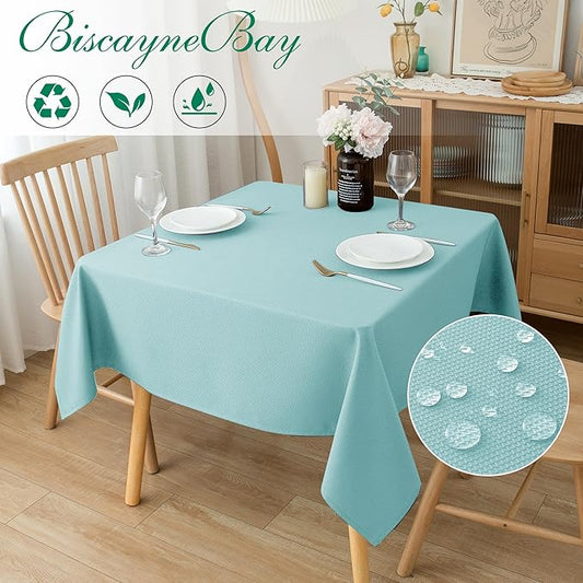 Biscaynebay Square Tablecloth 70x70 Inch-Auqa Blue Card Fabric Table Cover-Folding Table Cloths Linen Water Resistant Washable for Kitchen Dining Picnic Patio Outdoor Party Restaurant Tables